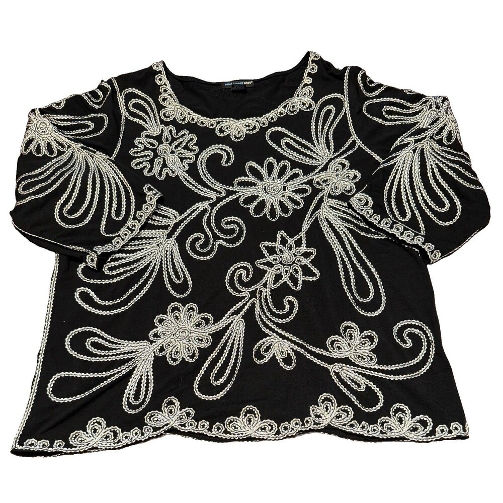Saint Tropez West Embellished Blouse Top Size 2X  Black w/ Silver White, Stretch